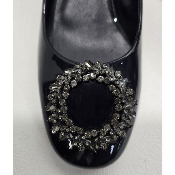 Poletto Charcoal Gray Patent Leather Heels Pumps Rhinestone Medallion Size 36 - Picture 3 of 12